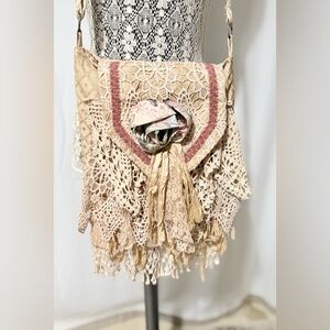 Shabby Chic Vtg Ruffle Lace Upcycled Purse Crossbody Adj Strap Lined Handmade